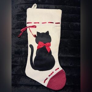 Cat Silhouette canvas Christmas stocking red toe and ribbon accents